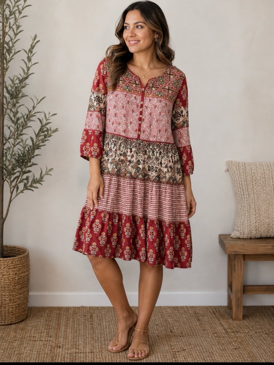 John Mark Dresses & Skirts - John Mark Bohemian Printed Tiered Midi Dress - Rose Red XL NWOT